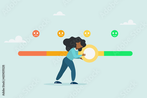 Woman is trying to push the bar on customer reviews to be a great smile. Customer reviews giving a rating based on experience or quality of the product and service, survey, opinion and review to evalu