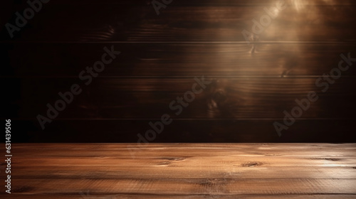 Brown table with smoky spotlight. empty wooden table. Product representation table. Created with generative AI.