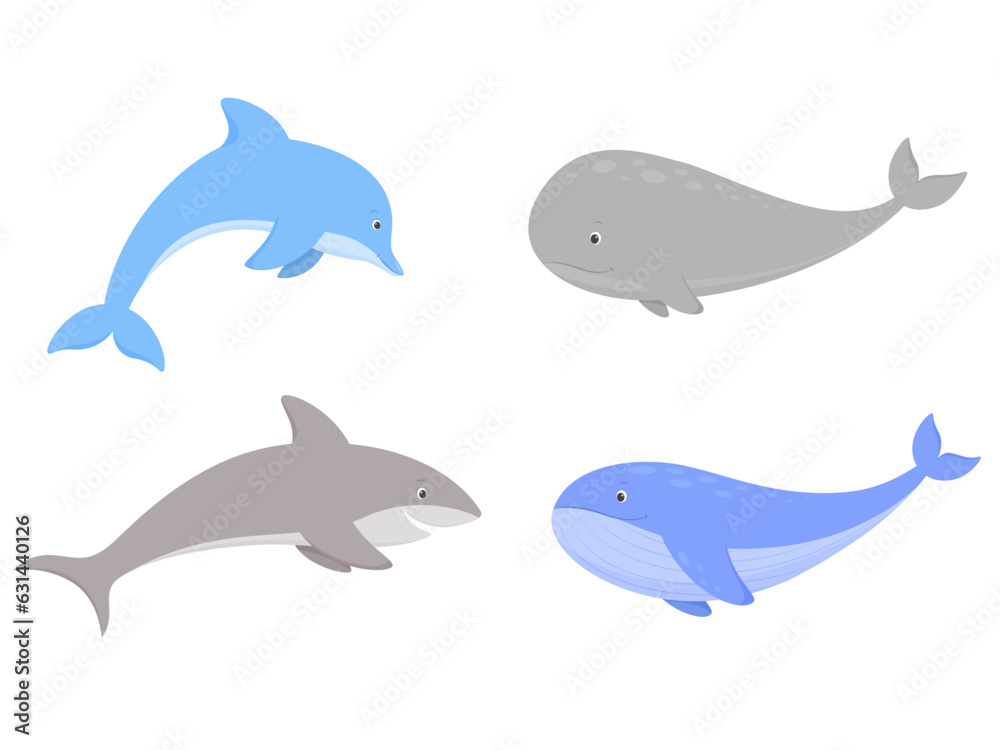 Set of sea animals. Dolphin, shark, whales Vector illustration. Set of sea animals. Dolphin, shark, whales Vector illustration.