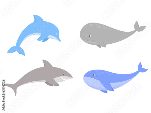 Set of sea animals. Dolphin  shark  whales Vector illustration.
