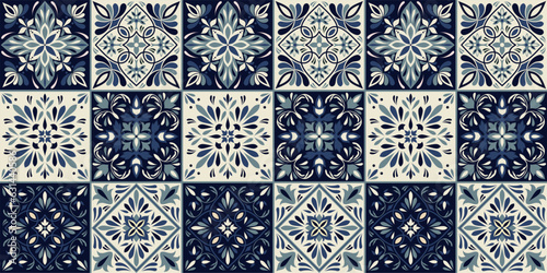 Seamless blue colorful patchwork in turkish style. Azulejos tiles patchwork. Portuguese and Spain decor. Islam, Arabic, Indian, ottoman motif. 