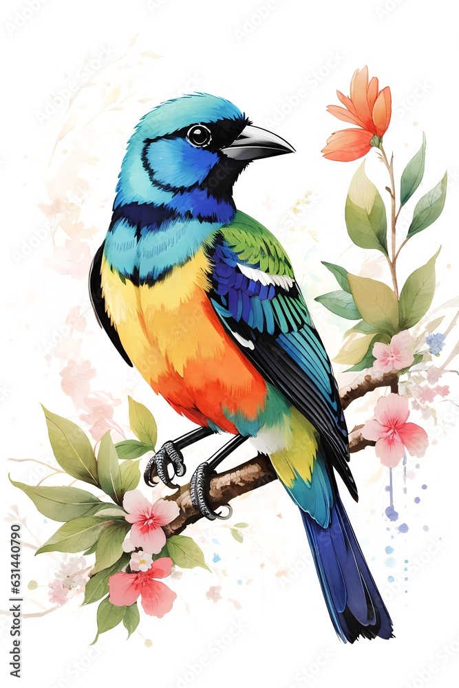 Tropical bird on a branch with flowers isolated on white background. watercolor illustration for decoration greeting cards, invitations, prints, textile or wall art