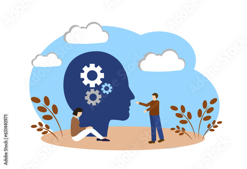 The psychologist unravels the threads in the head. Mental health. Psychotherapy. Vector illustration isolated on white background.