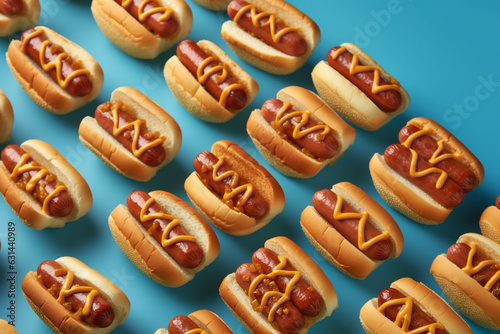 a lot of hot dogs on blue background