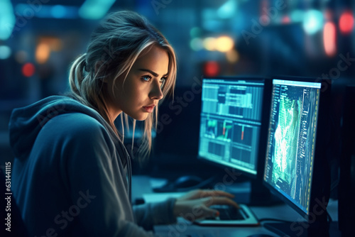 Woman IT developer working at computer at night with AI data
