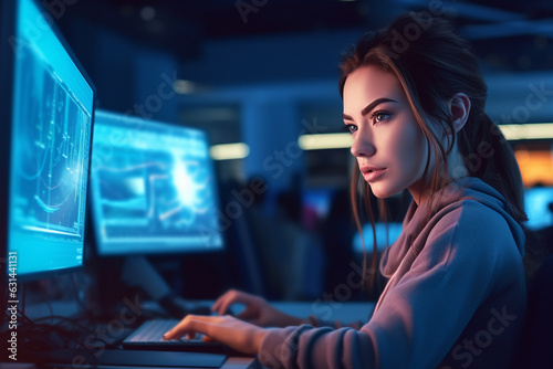 Woman IT developer working at computer at night with AI data