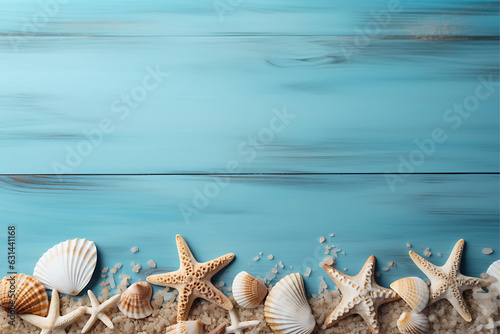 Summer sea holiday background - shells, star on a wooden blue background AI Generative