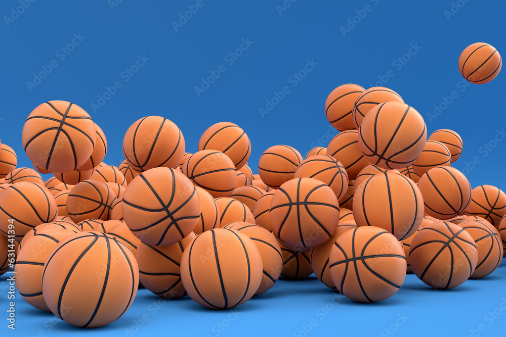Many of flying orange basketball ball falling on blue background