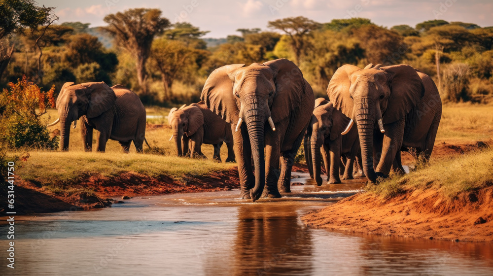 Naklejka premium elephants in the river Generative Ai