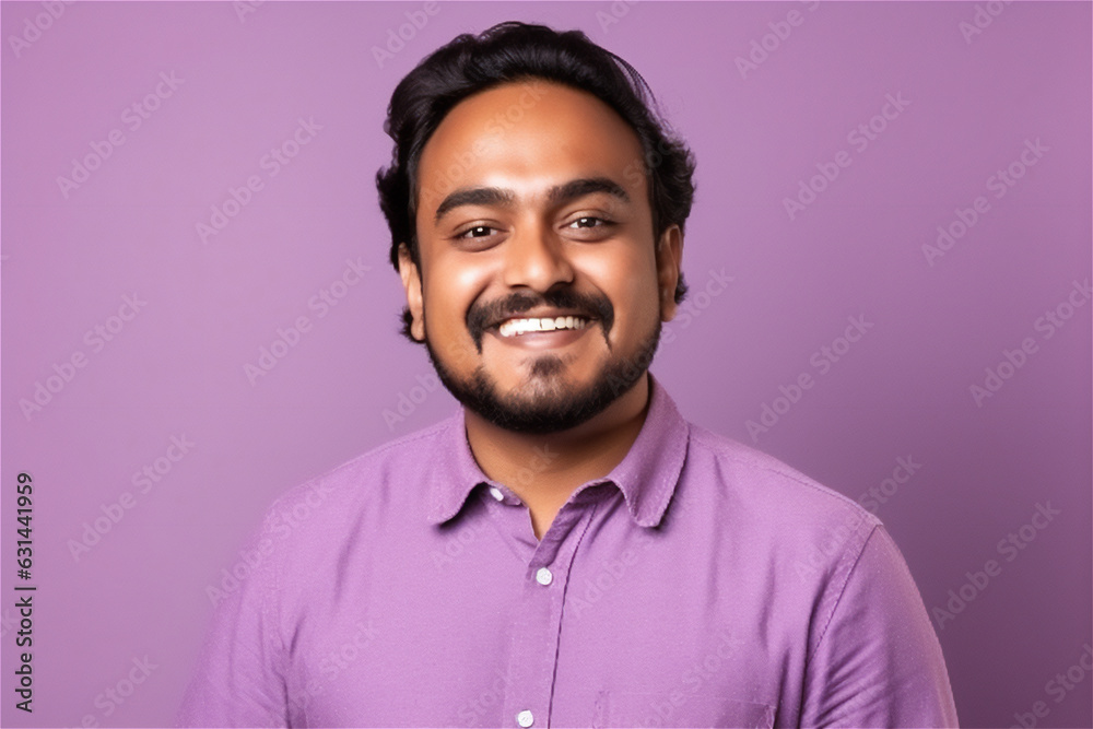 Indian young adult man smiling on a violet background Indian young adult man smiling on a violet background