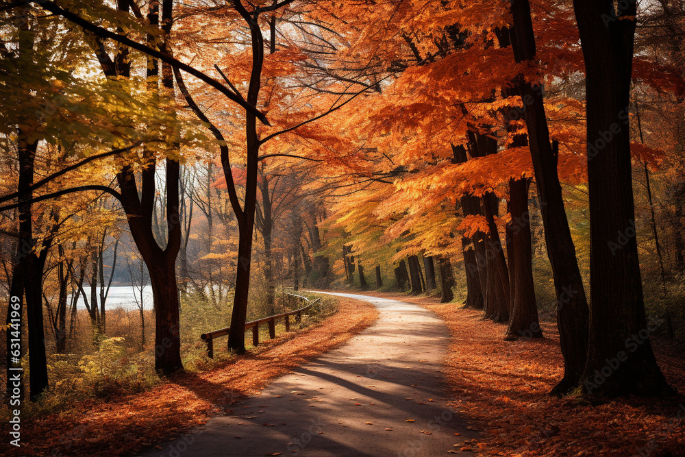 path or walkway lined with fallen leaves, inviting people to take a leisurely stroll through the autumn landscape Generative AI