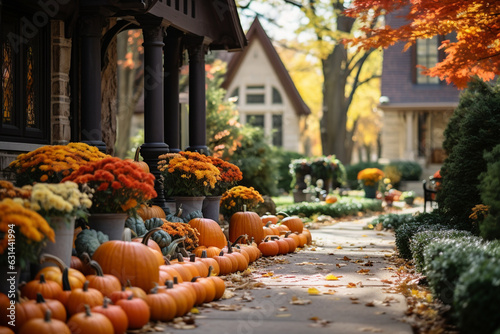 autumn-themed decorations, such as cornucopias, pumpkins, and colorful leaves, adorning homes and public spaces Generative AI
