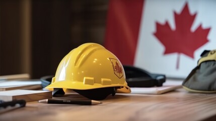 yellow helmet of a builder on a wooden table against the background of the flag. labor day in Canada. 