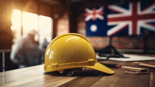 yellow protective helmet of builder or architect on a wooden table against the background of the flag. labor day in Australia. 
