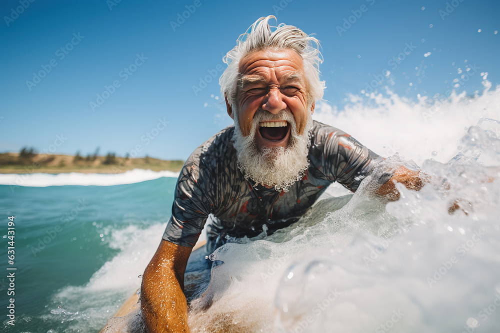 Senior fit man having fun surfing on tropical beach - Elderly healthy people lifestyle and extreme sport concept - obrazy, fototapety, plakaty 