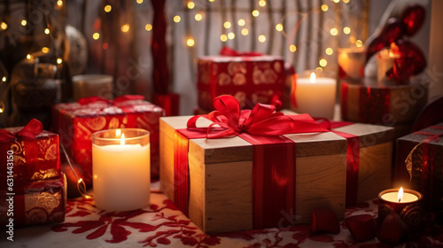 Two wooden boxes with red ribbons sit next to white candles and various decorations  diwali stock images  realistic stock photos