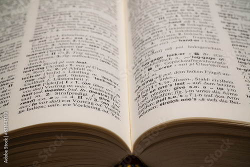 English German dictionary. Dictionary pages and items. German English translation, Education and learning foreign language. English learning resources and books. 