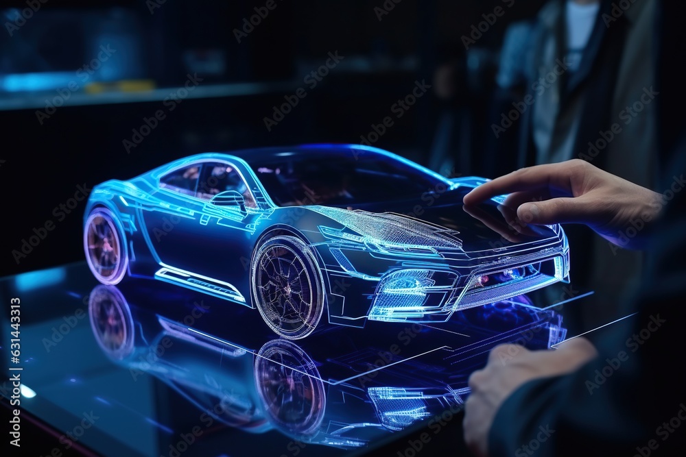 Car design engineers using holographic app in digital tablet