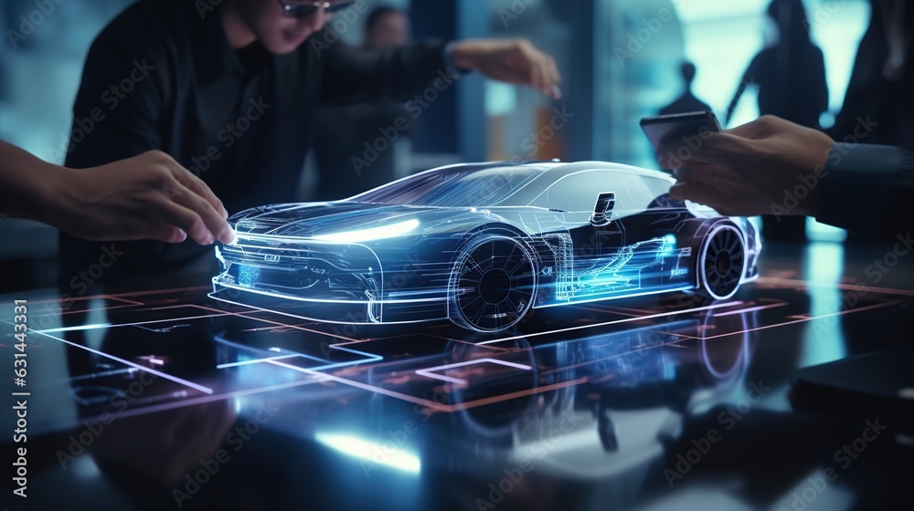 Car design engineers using holographic app in digital tablet - obrazy, fototapety, plakaty 