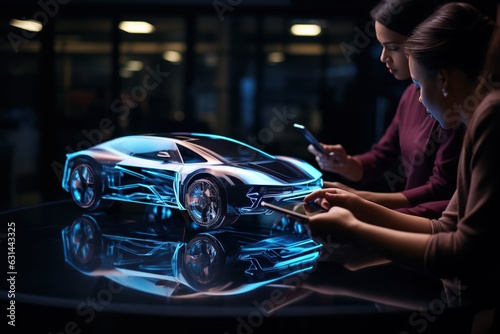 Car design engineers using holographic app in digital tablet