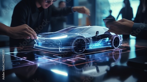 Car design engineers using holographic app in digital tablet