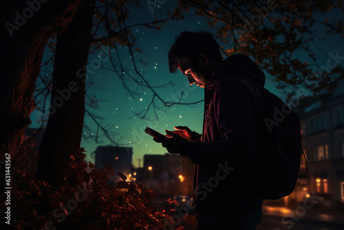 Photo of silhouette of person using their phone outside