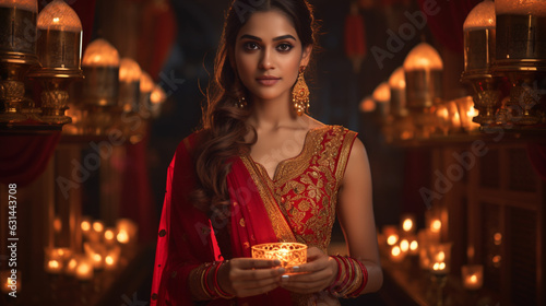 A lady dressed up in a red sari holding a lit lamp, diwali stock images, realistic stock photos