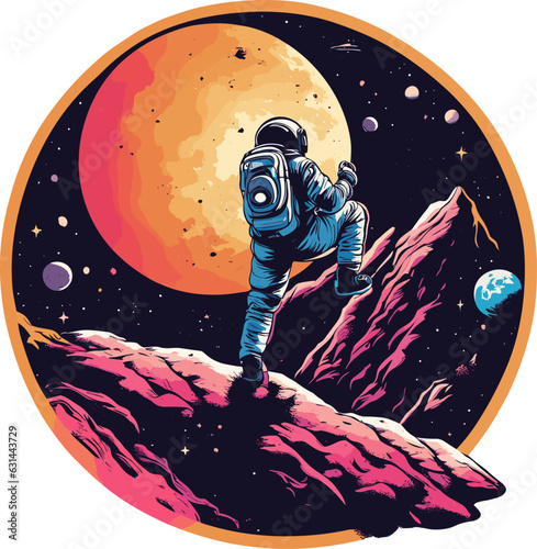 An astronaut in a space suit in space, flat vector style illustration for sticker.