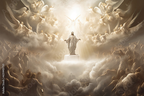 Jesus ascended reaches out to heavenly light surrounded by angels and followers in heaven