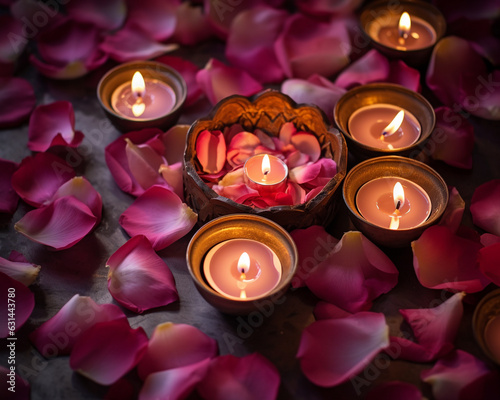 An image showing several burning diyas in the middle of petal petals, diwali stock images, realistic stock photos photo