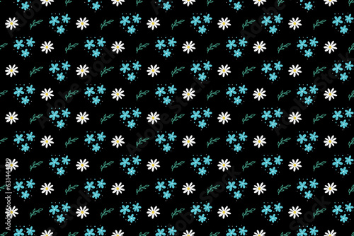 Seamless pattern with blue and white flowers on a black background, flowers painted with oil paints