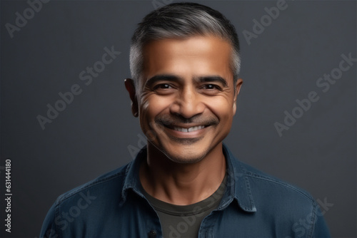  Indian mid adult man grey on a yellow background