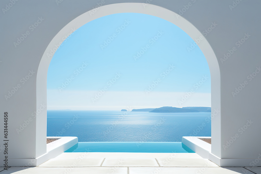 Minimalism arch gate view to the sea beach living Santorini island style