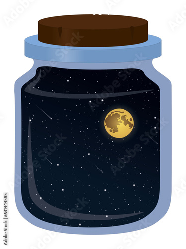 Night sky with stars and moon in jar artwork vector illustration