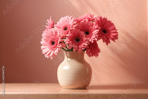 Pink gerbera flowers in a glossy vase on beige table with pink wall background. High Quality Image. Generative Ai © Mira Bräker 