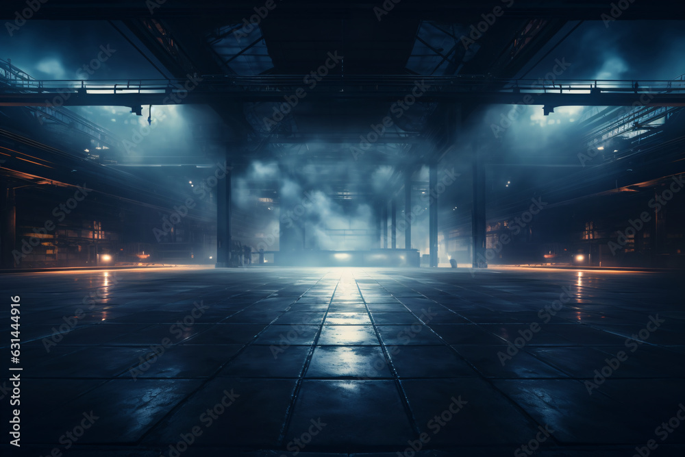 Industrial warehouse with high ceiling, metal beams, pipes, square-tiled floor, multiple pillars, diffused lighting, and fog. 