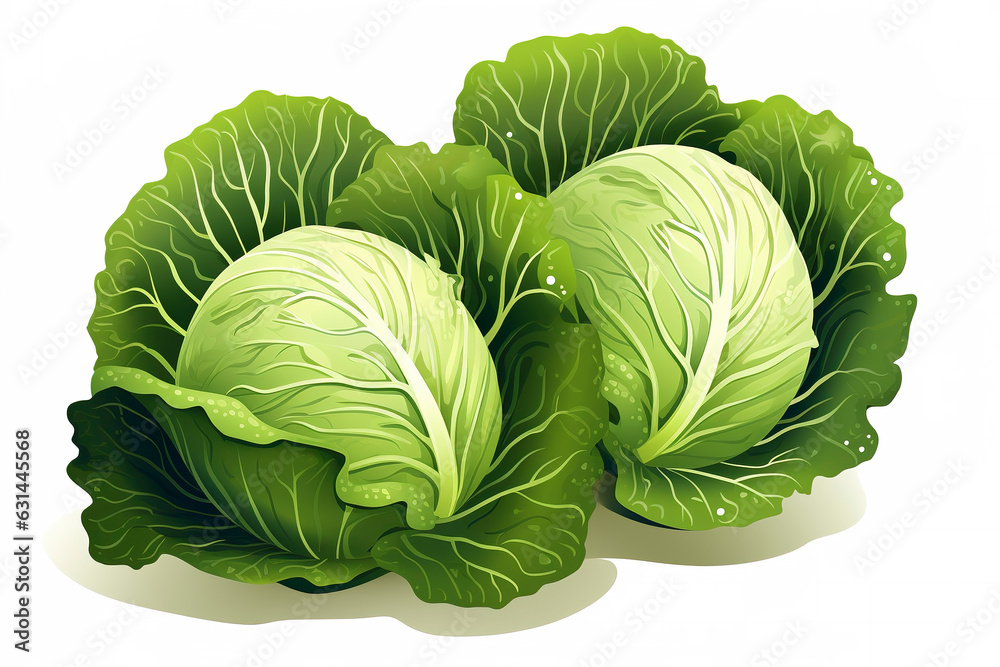 Obraz premium Cabbage with big bright green leaves on white background, green cabbage vegetable isolated, whole cabbage, vegetarian nutrition, cabbage for farm market, generative ai