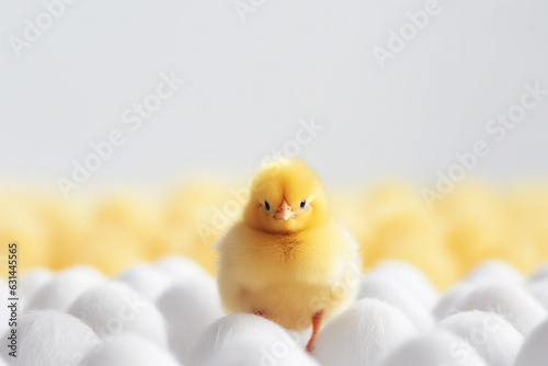 small yellow chicken in a shell among chicken eggs on a light background. postcard with copy space, easter concept. 
