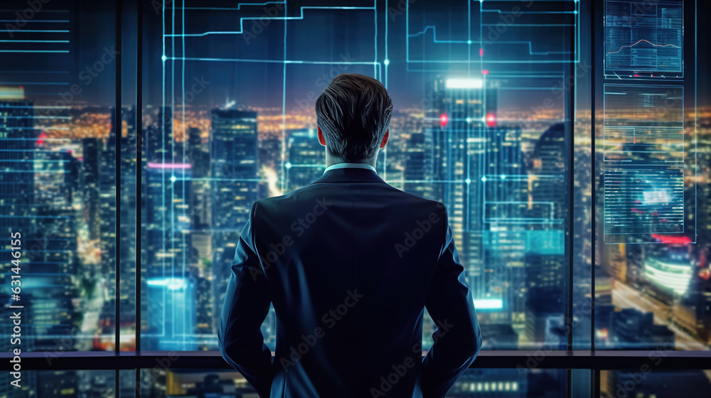 Back side of businessman near screen in front of glass window on trading chart over blurred cityscape. Economics, finance, investment, trading concept. AI generated
