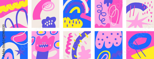 Hand drawn abstract kids style background set. Cute doodle trendy shapes art. Funny cards, covers, artwork with simple basic shapes.
