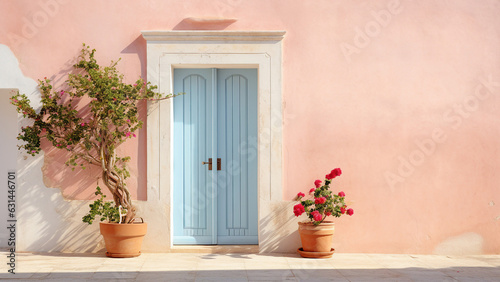Old blue Door and flower pots on the street in mediterranean. generative ai 