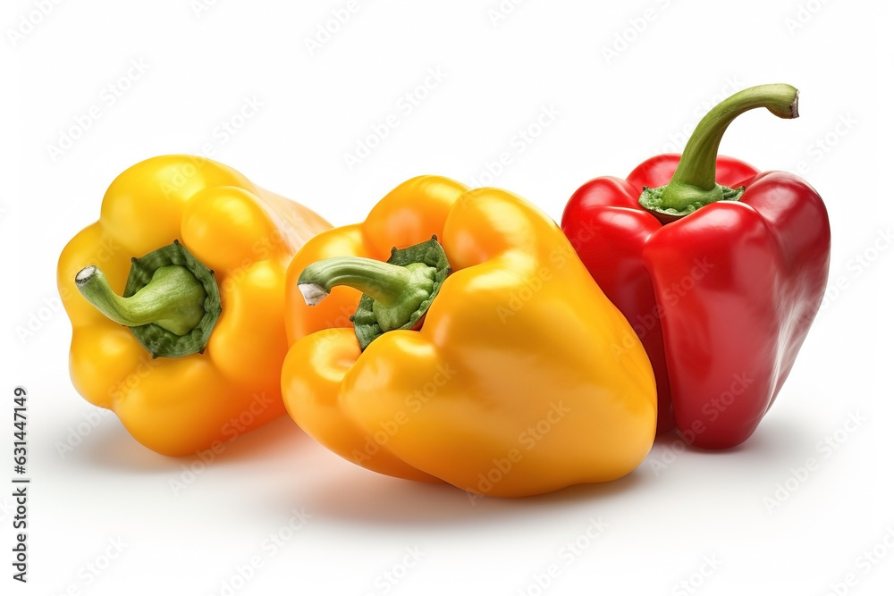 Bell peppers yellow and red on white background. Fresh vegetables. Healthy food concept Bell peppers yellow and red on white background. Fresh vegetables. Healthy food concept