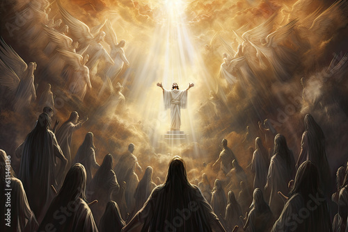 Jesus rises with heavenly light, angels and disciplies in heaven