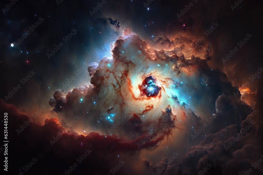 Nebula in space, stars and planets in cosmic nebula, bright light from celestial bodies in deep space, generative AI. Nebula in space, stars and planets in cosmic nebula, bright light from celestial bodies in deep space, generative AI.