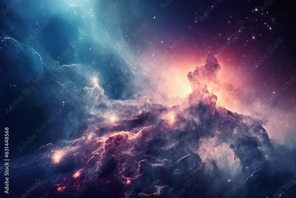 Fototapeta premium Nebula in space, stars and planets in cosmic nebula, bright light from celestial bodies in deep space, generative AI.