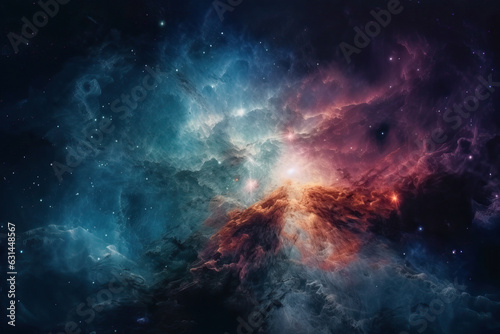 Nebula in space  stars and planets in cosmic nebula  bright light from celestial bodies in deep space  generative AI.
