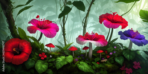 Tropical flowers in the jungle  bright illustration  ai generated