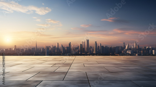 Modern building exterior cityscape background. Sunrise scene. Empty cement floor with steel pavement, 3D style. photo