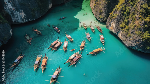 Beautiful cave from sky view with many boats and clear water 