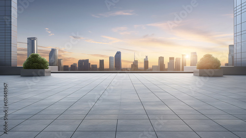 Modern building exterior cityscape background. Sunrise scene. Empty cement floor with steel pavement, 3D style.